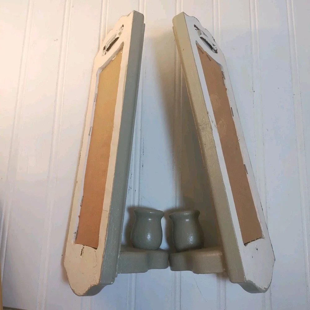 Pair Vintage Wood Gray Wall Candle‎ Sconce Mirror Farmhouse Cottage Painted 11